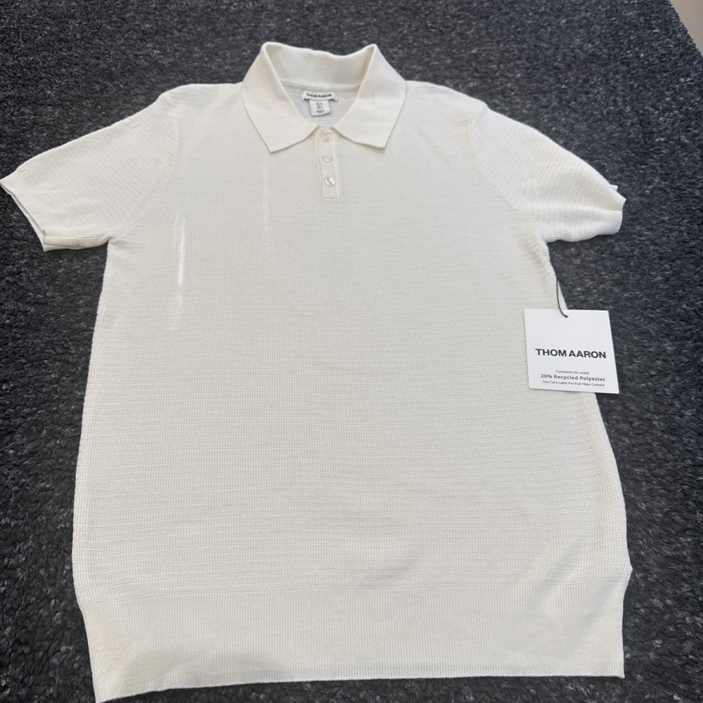 NWT Thom Aaron Mens Small Short Sleeve Knit Polo Shirt beige Casual Golf Office